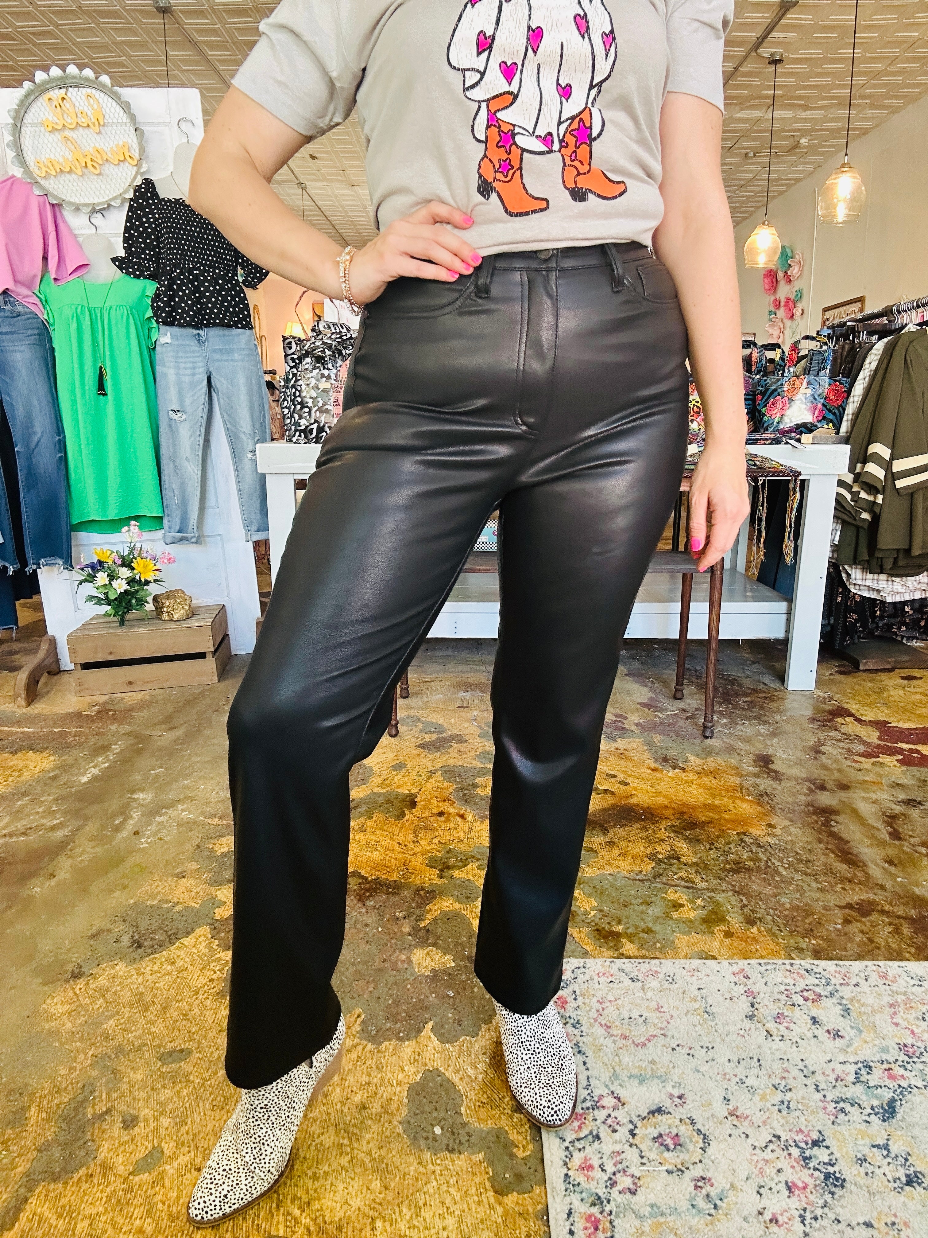 Black Rocking This Town Leather Jeans