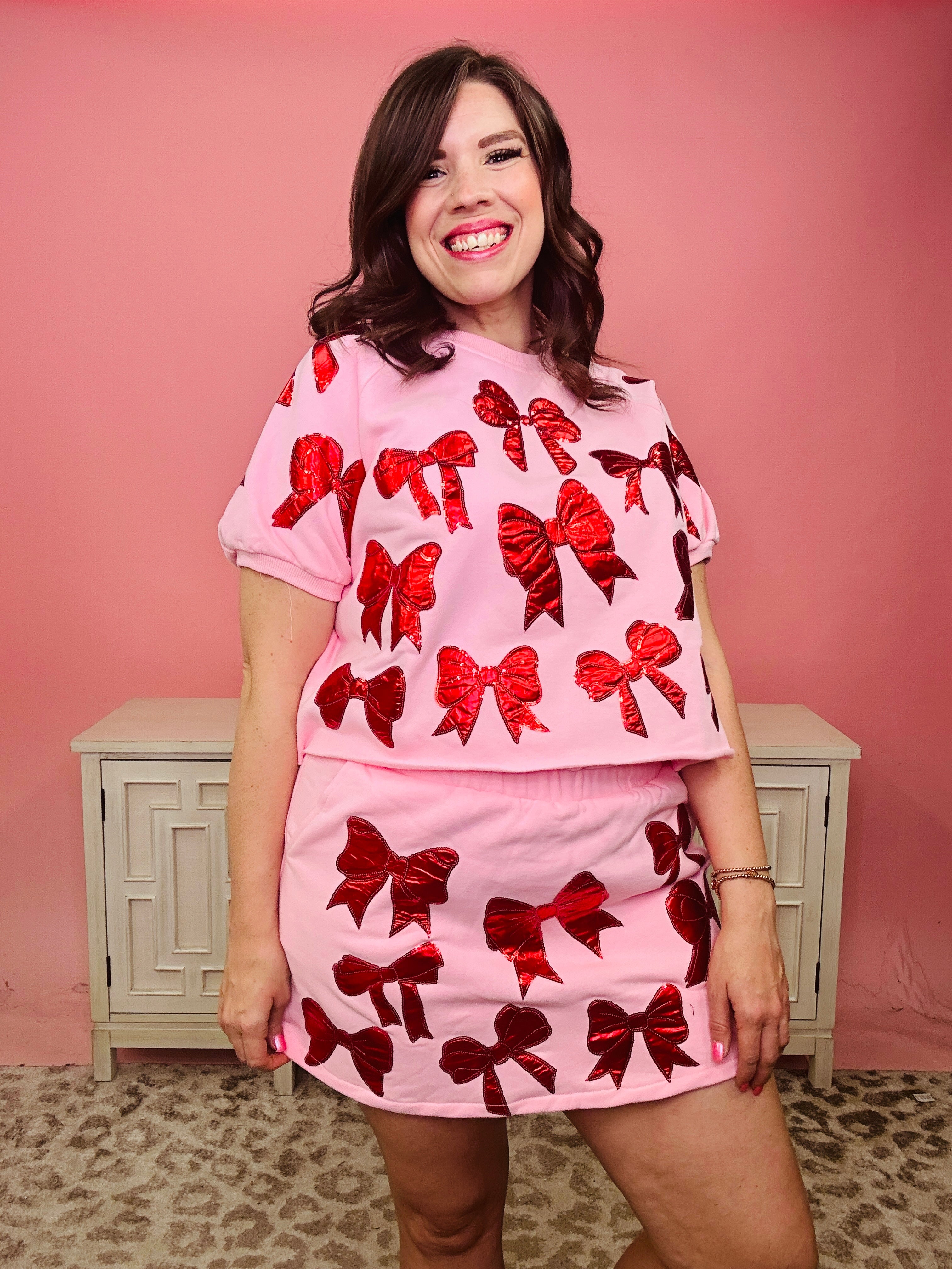 Queen Of Sequin Pink &amp; Red Bows Skort