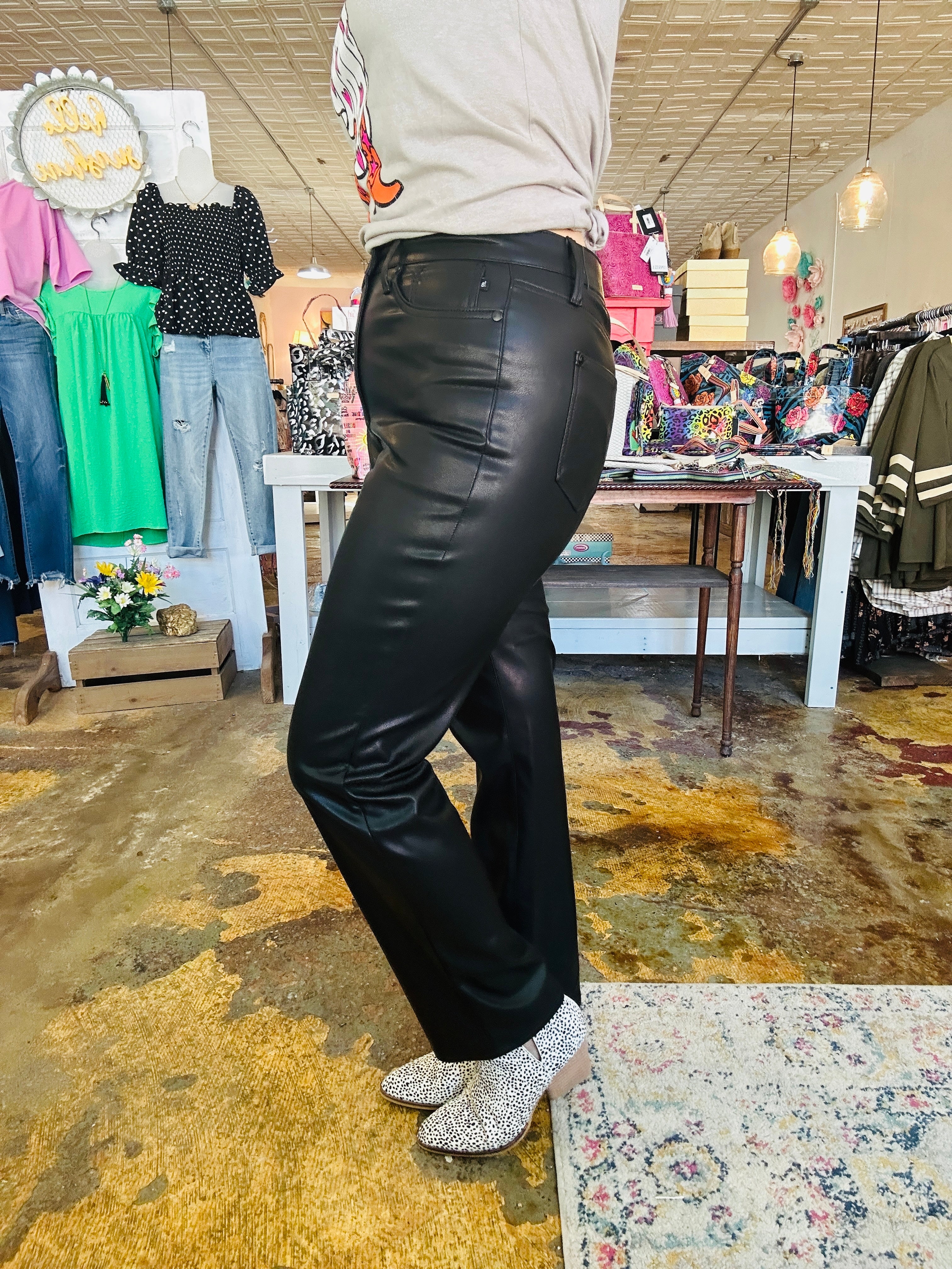 Black Rocking This Town Leather Jeans